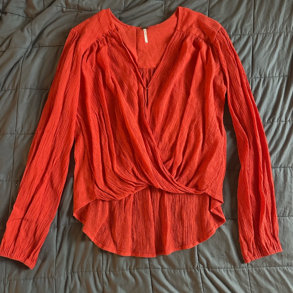 Free People Orange Wrap Blouse Long Sleeve Relaxed